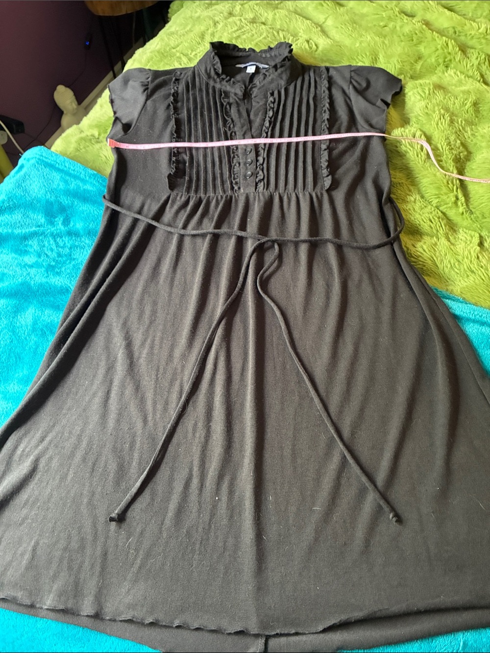 Black Short-Sleeve Pintuck Tie-Waist Dress